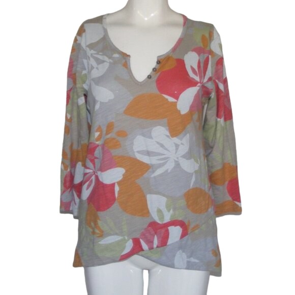 FRESH PRODUCE Top, XS, Gray, 3/4 sleeve, Floral, Layered/Petal front hem - Picture 7 of 11